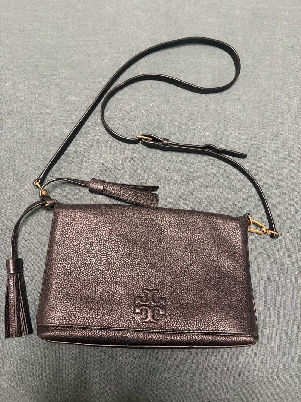 Tory Burch Black Pebbled Leather Tassel Crossbody